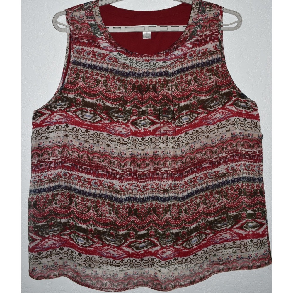 CJ Banks 2X Boho Top Aztec Earthy Print Pleated Sleeveless Lined Pullover 2X